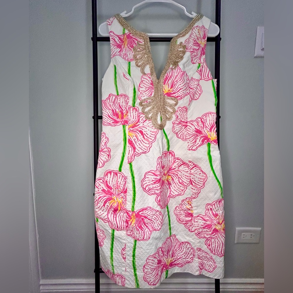 Lilly Pulitzer Gold White Janice Shift Dress Floral Clover Cup Embroidered sz 8